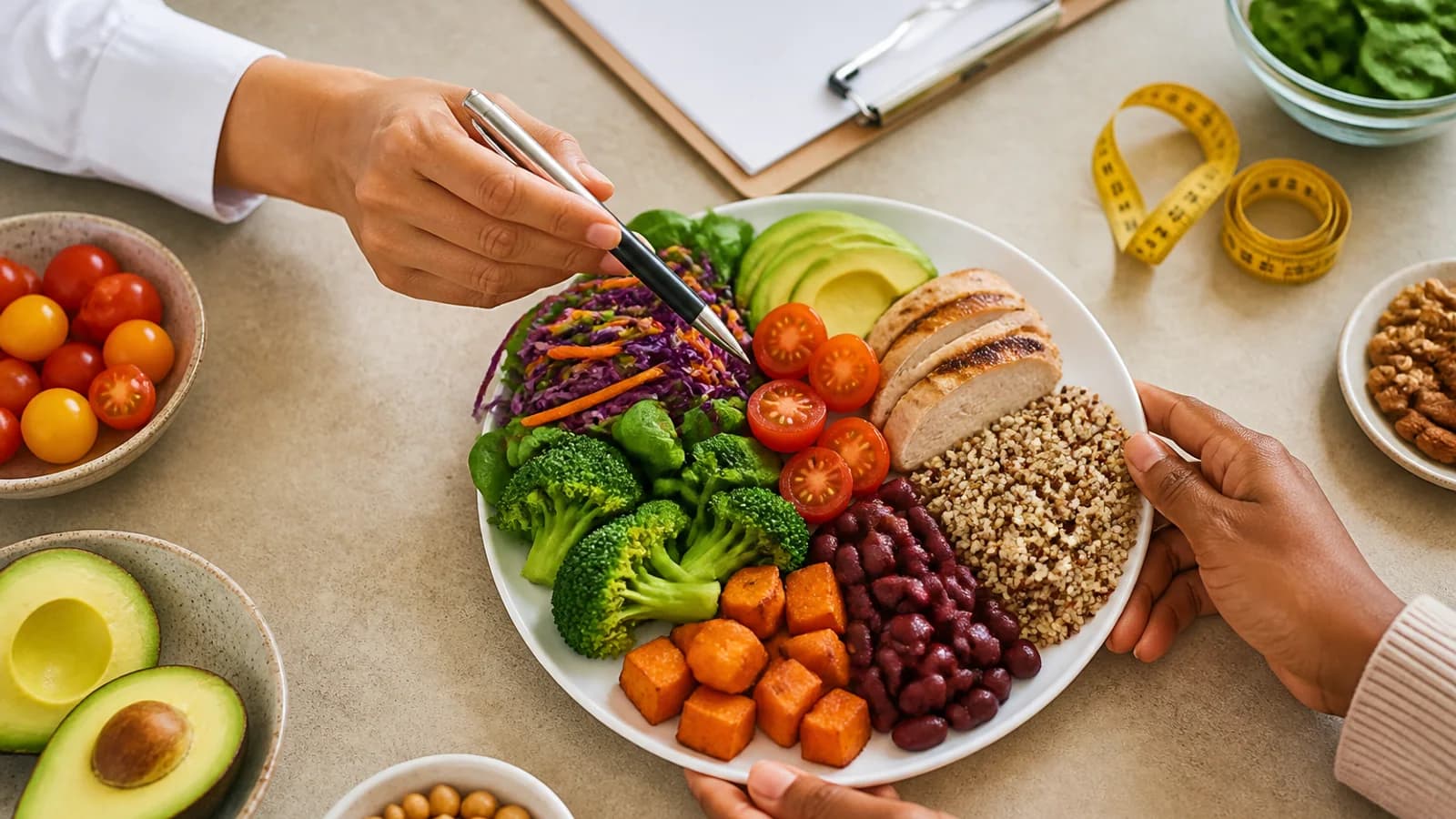 Profesional en nutrición junto a alimentos frescos