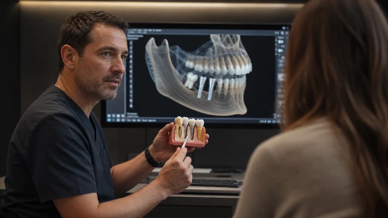 Especialista explicando un implante mediante un modelo dental