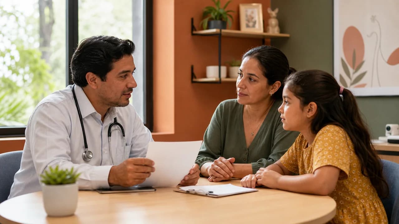 Médica conversando con una madre y su hijo