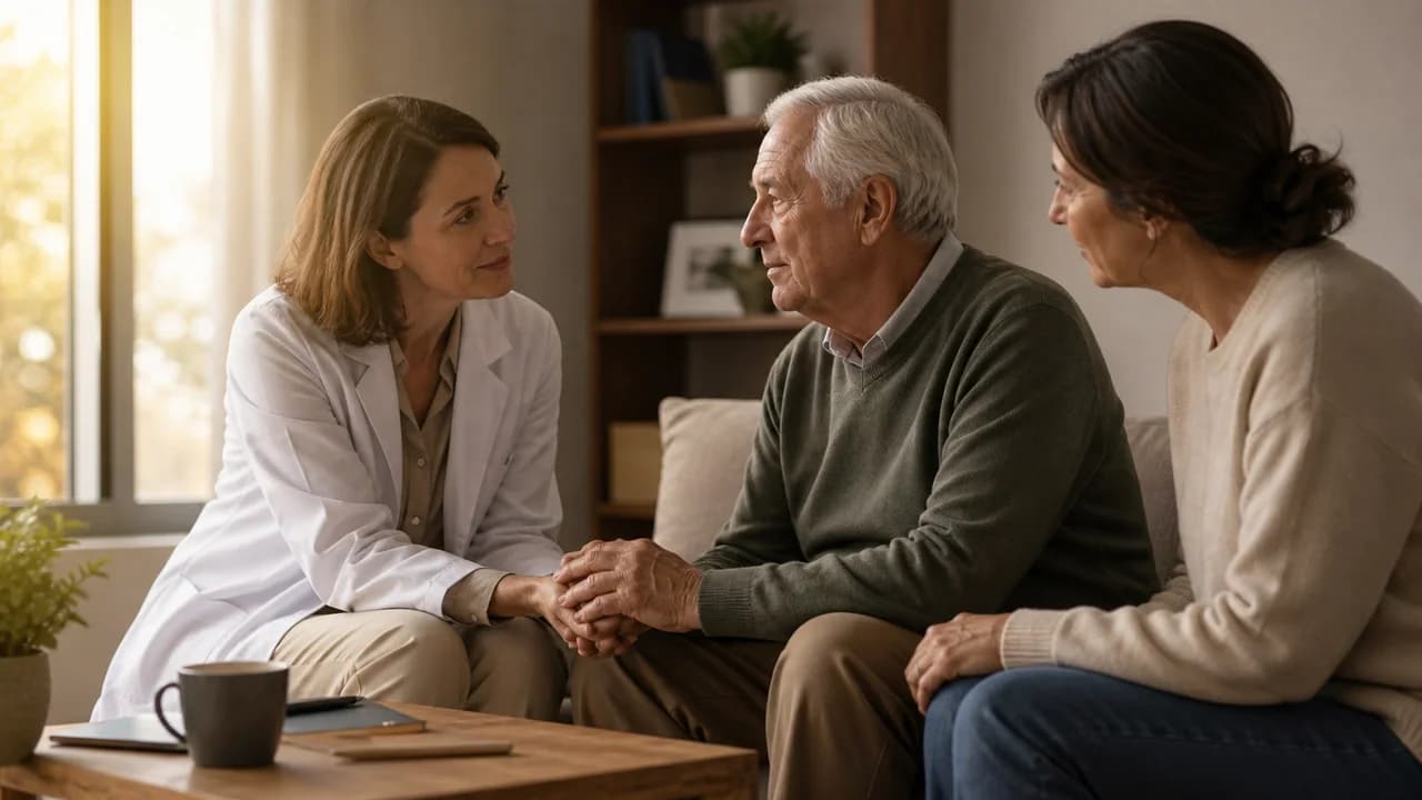 Médica brindando acompañamiento a un paciente y su familiar