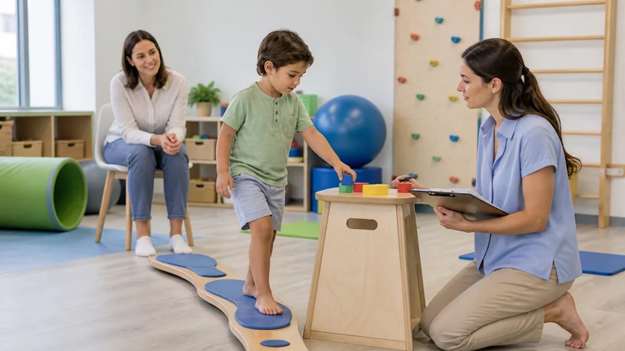 Especialista acompañando a un niño en una actividad de neurodesarrollo