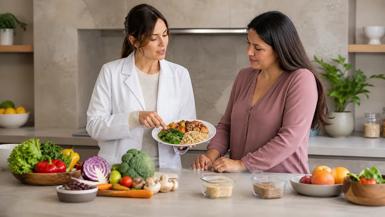 Nutricionista explicando un plato balanceado a una paciente