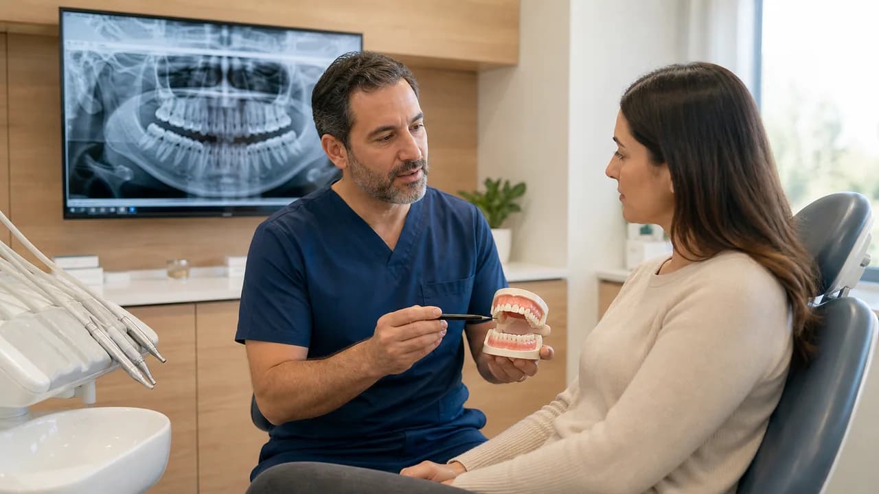 Dentista explicando una valoración odontológica integral