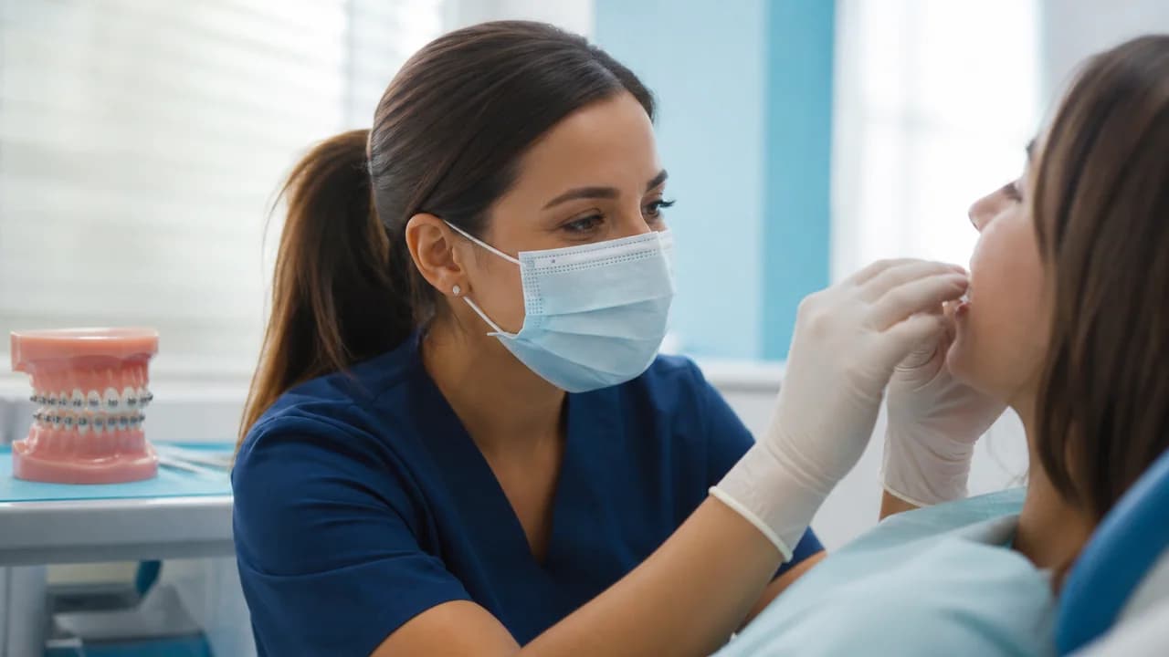 Ortodoncista mostrando alineadores y brackets a una paciente