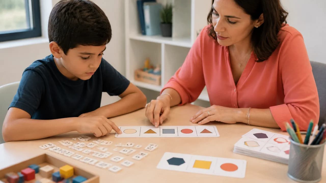 Psicopedagoga trabajando una actividad de aprendizaje con un niño
